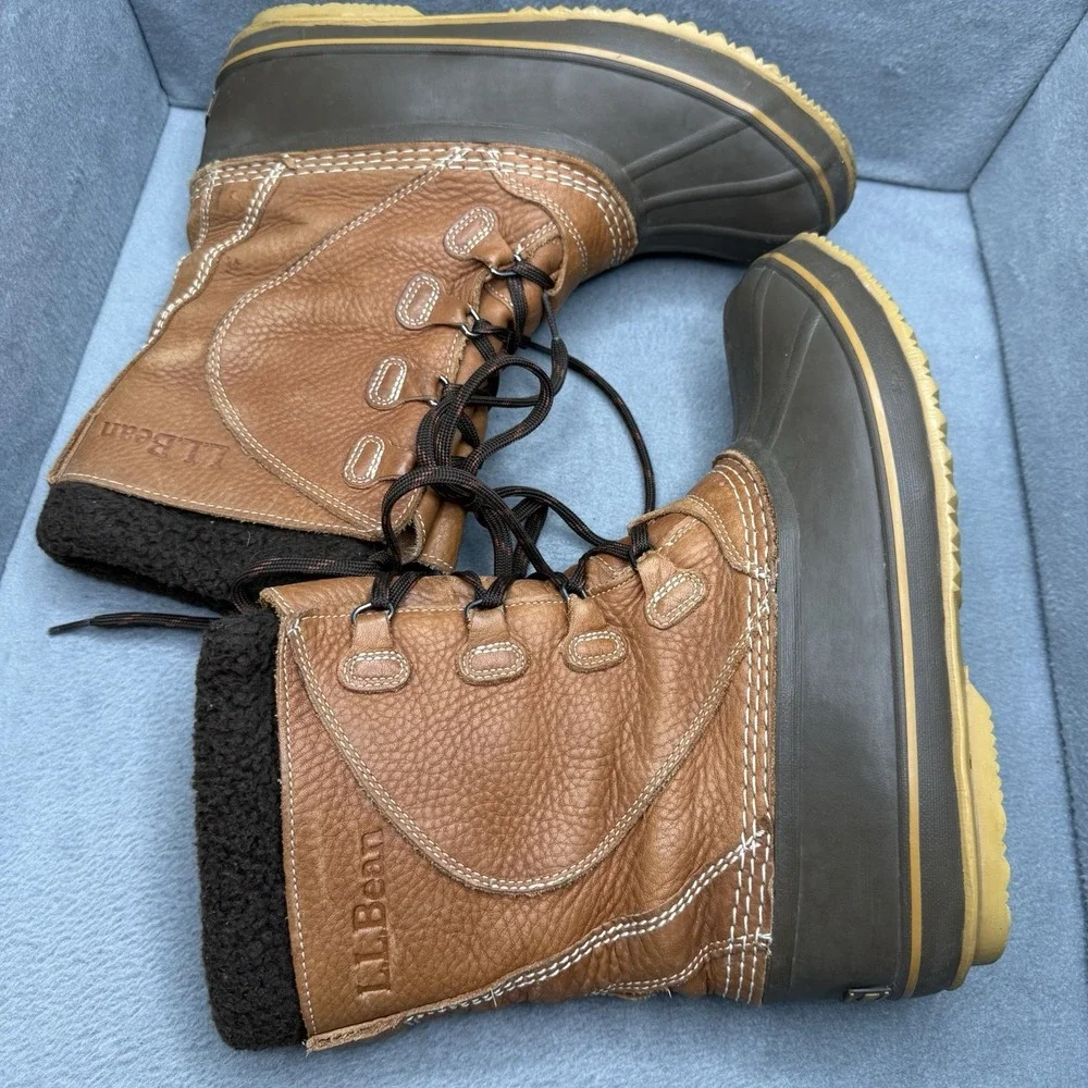 L.L.Bean Women's 9 M Tumbled Leather Lace-Up Snow Duck Boots Brown Fleece Lined